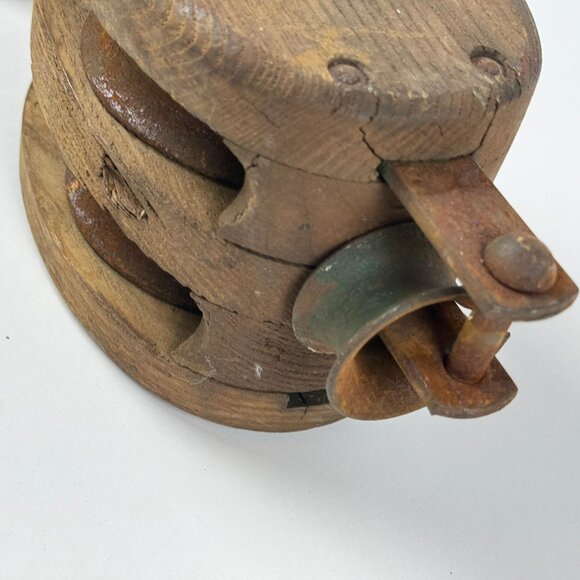 Antique Wooden Double Pulley Block w/ Metal Hook Rustic Farmhouse Barn Decor - Picture 8 of 14